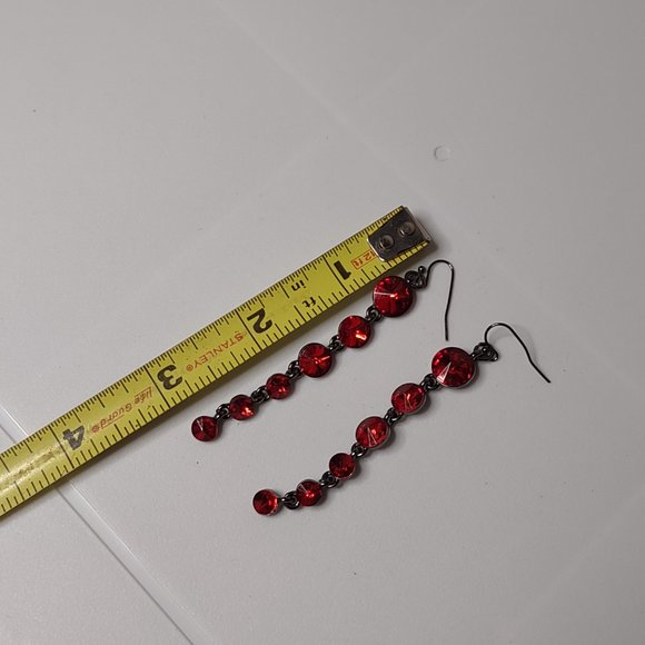 Long Red Glass And Dark Silver Tone Metal Dangle Earrings - Picture 8 of 12
